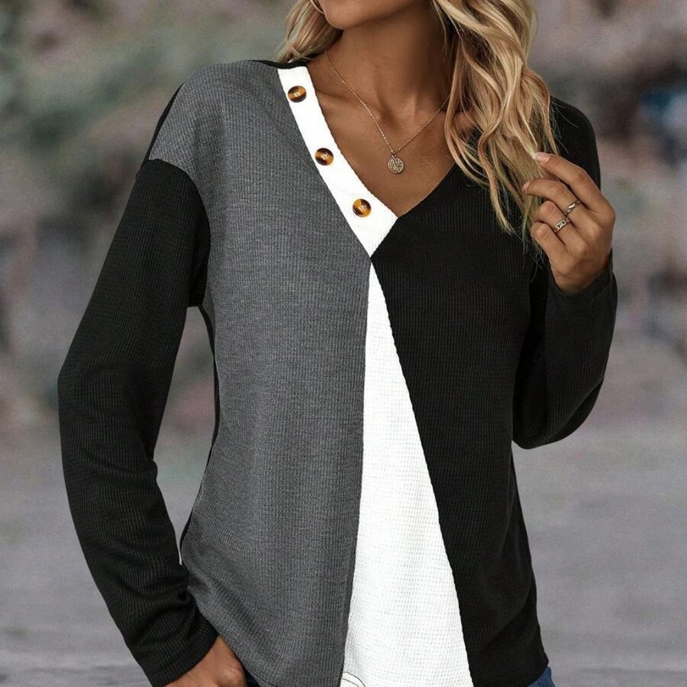Color Block Button Detail  Long Sleeve Tee